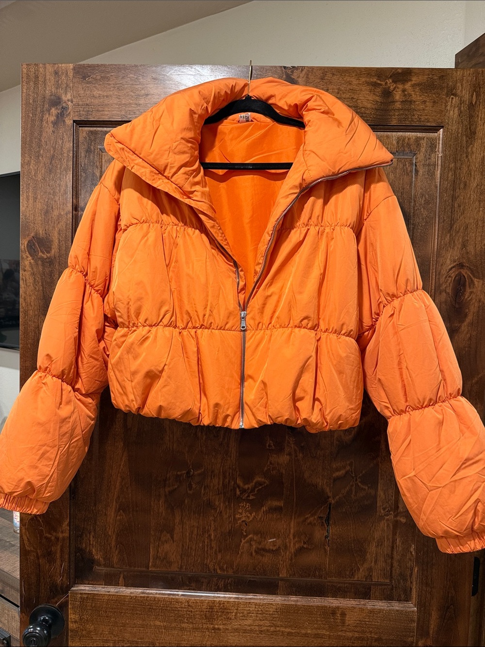 Double Zero Cropped Orange Puffer Jacket with High Collar